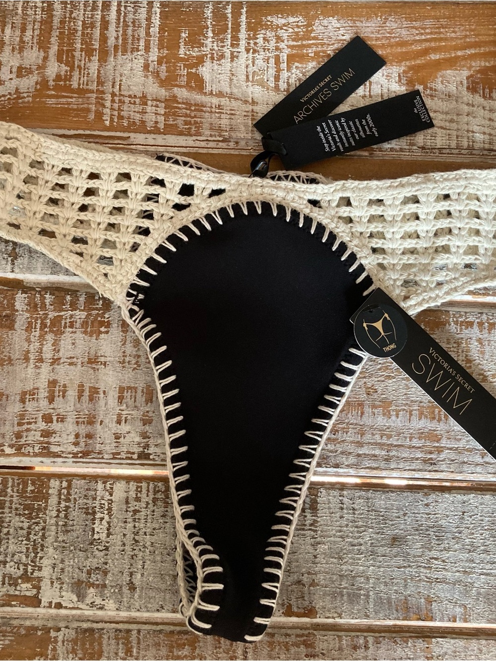 Victoria's Secret Black & Cream Crochet Swim Thong Bottom